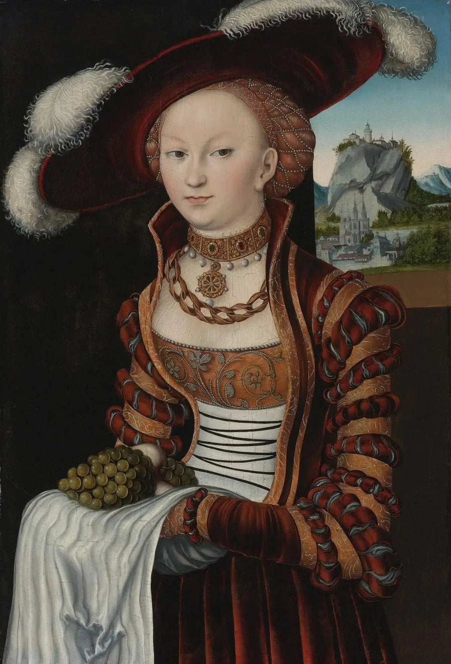 Retrato de uma jovem mulher segurando um cacho de uvas - Lucas Cranach o Velho