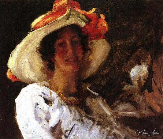 Portrait of Clara Stephens Wearing a Hat with an Orange Ribbon - William Merritt Chase - Reproductions de tableaux et peintures haut de gamme