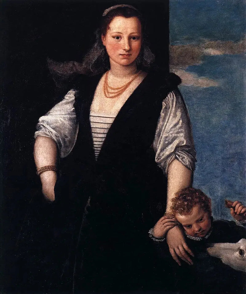 Retrato de mulher com uma criança e um cachorro - Paul Véronèse