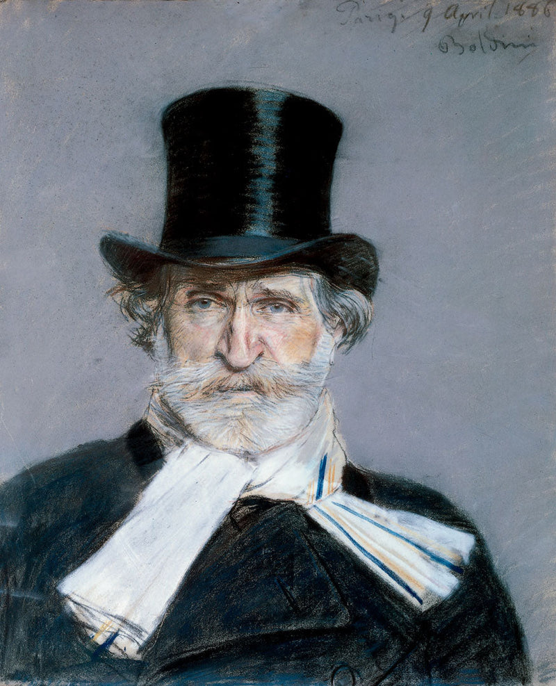 Retrato de Giuseppe Verdi com echarpe branca e cartola - Giovanni Boldini