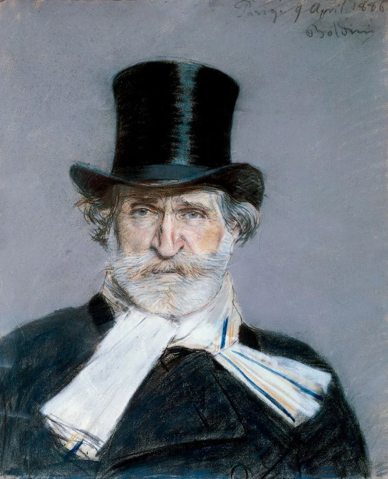 Retrato de Giuseppe Verdi com echarpe branca e cartola - Giovanni Boldini