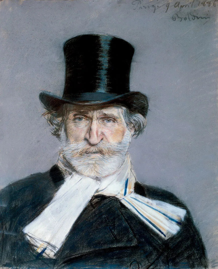 Retrato de Giuseppe Verdi com echarpe branca e cartola - Giovanni Boldini