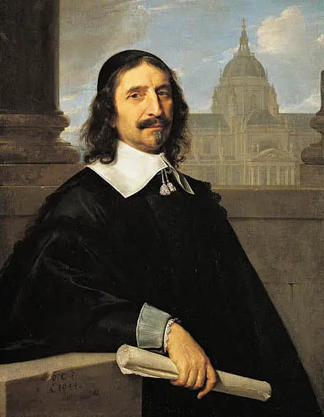 Retrato de Jacques Lemercier diante da capela da Sorbonne construída entre 1635 e 1653 - Philippe de Champaigne