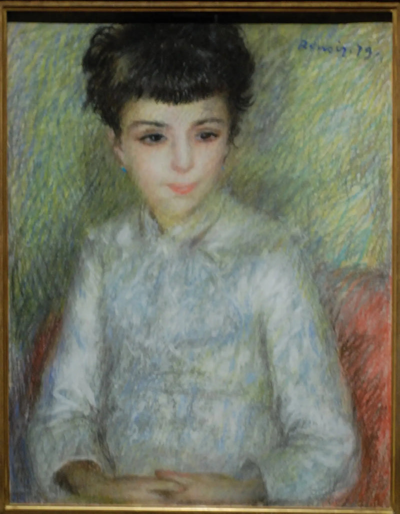 Retrato de jovem garota morena, sentada com as mãos cruzadas - Pierre-Auguste Renoir