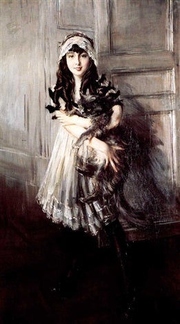 Retrato de Josefina Errazuriz Alvear segurando um gato - Giovanni Boldini