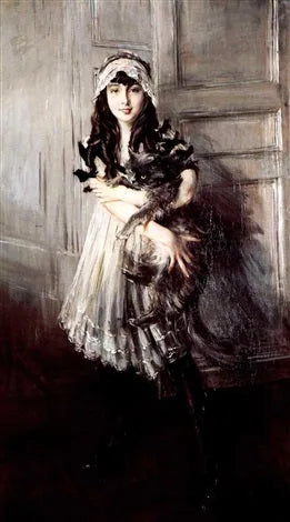 Retrato de Josefina Errazuriz Alvear segurando um gato - Giovanni Boldini
