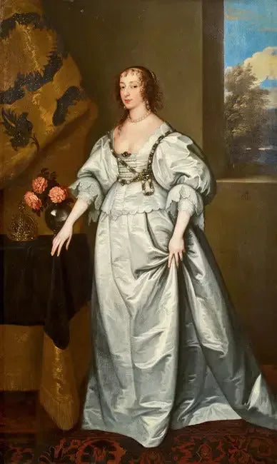Retrato da rainha Henriette Marie em pé, usando um vestido de cetim branco - Antoine van Dyck