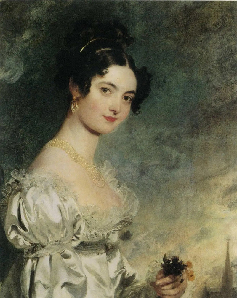 Retrato de Lady Selina Meade (1797–1872), até a cintura, com um vestido de cetim marfim, com a flecha da catedral de Saint-Étienne de Viena ao fundo - Thomas Lawrence
