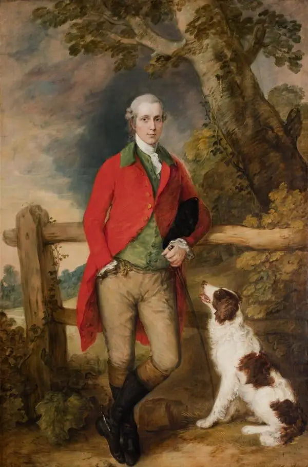 Retrato de Robert Thistlethwayte de Norman Court, em pé, vestindo um casaco vermelho, um colete verde e uma calça de camurça, segurando uma lata, apoiado contra uma cerca, um spaniel ao seu lado - Thomas Gainsborough