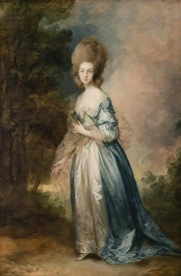 Retrato de Selina Thistlethwayte da corte normanda, em pé, vestida com um vestido azul e branco - Thomas Gainsborough