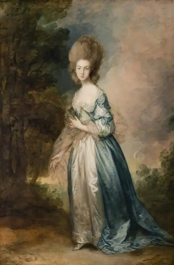 Retrato de Selina Thistlethwayte da corte normanda, em pé, vestida com um vestido azul e branco - Thomas Gainsborough
