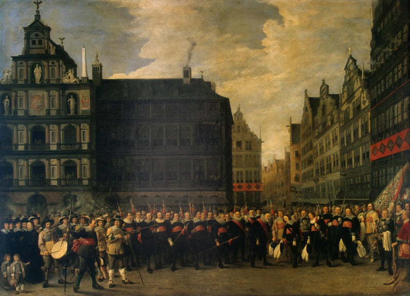 Retrato dos membros da guilda dos bestas na Grand-Place de Antuérpia - David Teniers, o Jovem