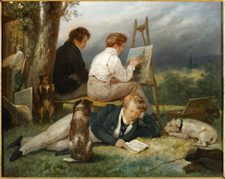 Retrato dos três irmãos Scheffer em uma paisagem - Ary Scheffer