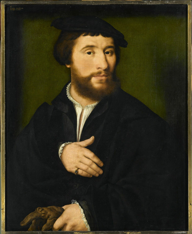 Retrato de homem vestido de preto e segurando seus luvas com uma mão - Joos van Cleve