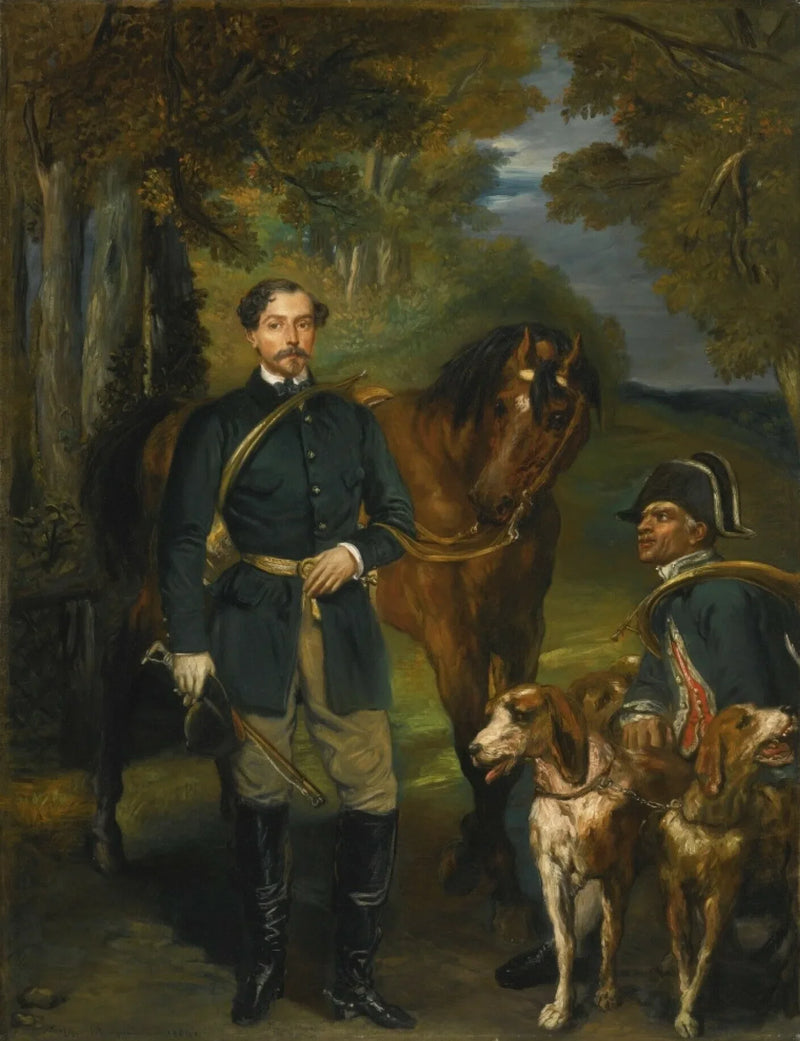Retrato do conde Oscar de Ranchicourt partindo para a caça com cães - Théodore Chassériau
