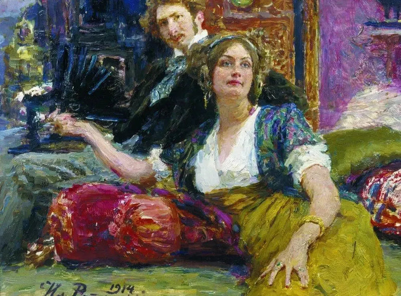 Retrato do poeta, prosador, tradutor e dramaturgo Sergueï Mitrofanovitch Gorodetski com sua esposa - Ilya Repin