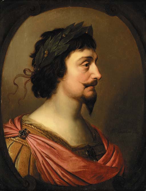 Retrato do rei Frederico V da Boêmia, de busto, de perfil, ao estilo romano, em um cartucho oval falso - Gerrit van Honthorst