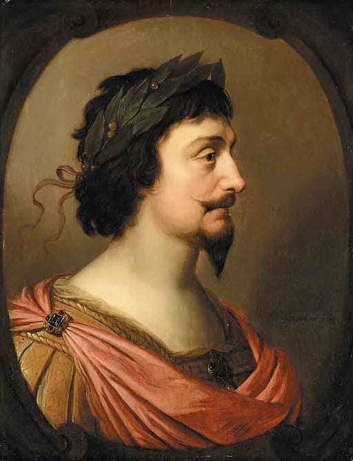 Retrato do rei Frederico V da Boêmia, de busto, de perfil, ao estilo romano, em um cartucho oval falso - Gerrit van Honthorst