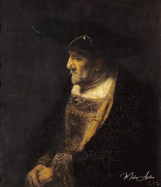 Portrait d'un homme avec perles au chapeau - Rembrandt van Rijn - Reproductions de tableaux et peintures haut de gamme