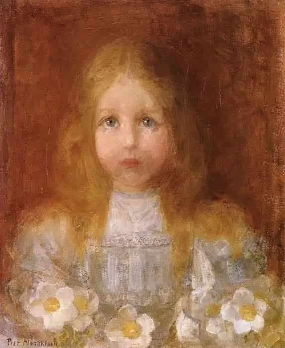 Reproduction du tableau « Portrait d'une fille aux fleurs - Piet Mondrian » par Alpha Reproduction en peinture à l’huile