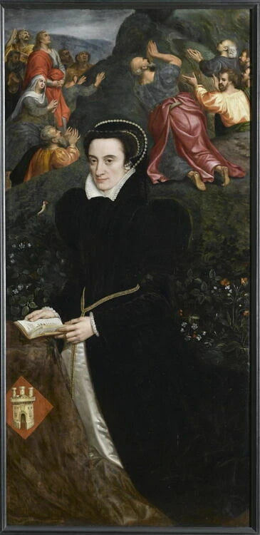 Portrait de Leonor Lopez de Villanova, femme d'Antonio Del Rio, avec l'Ascension du Christ à l'arrière-plan - Adriaen Thomasz. Key