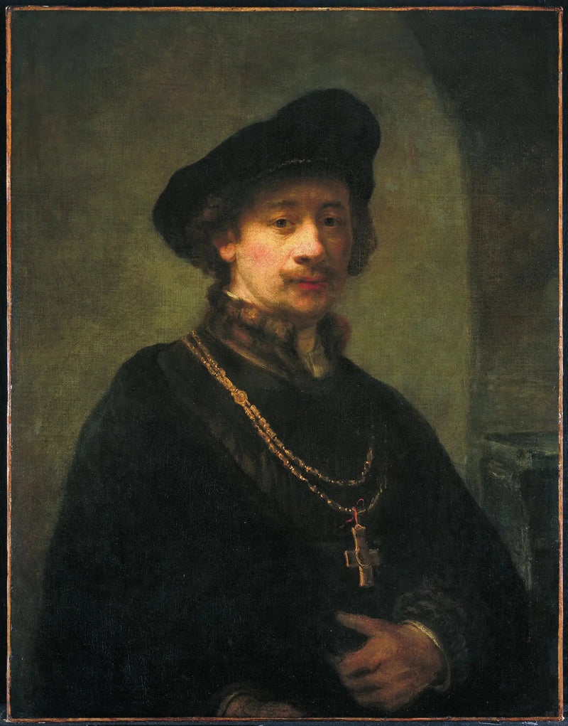 Autorretrato com boina, corrente de ouro e bastão - Rembrandt