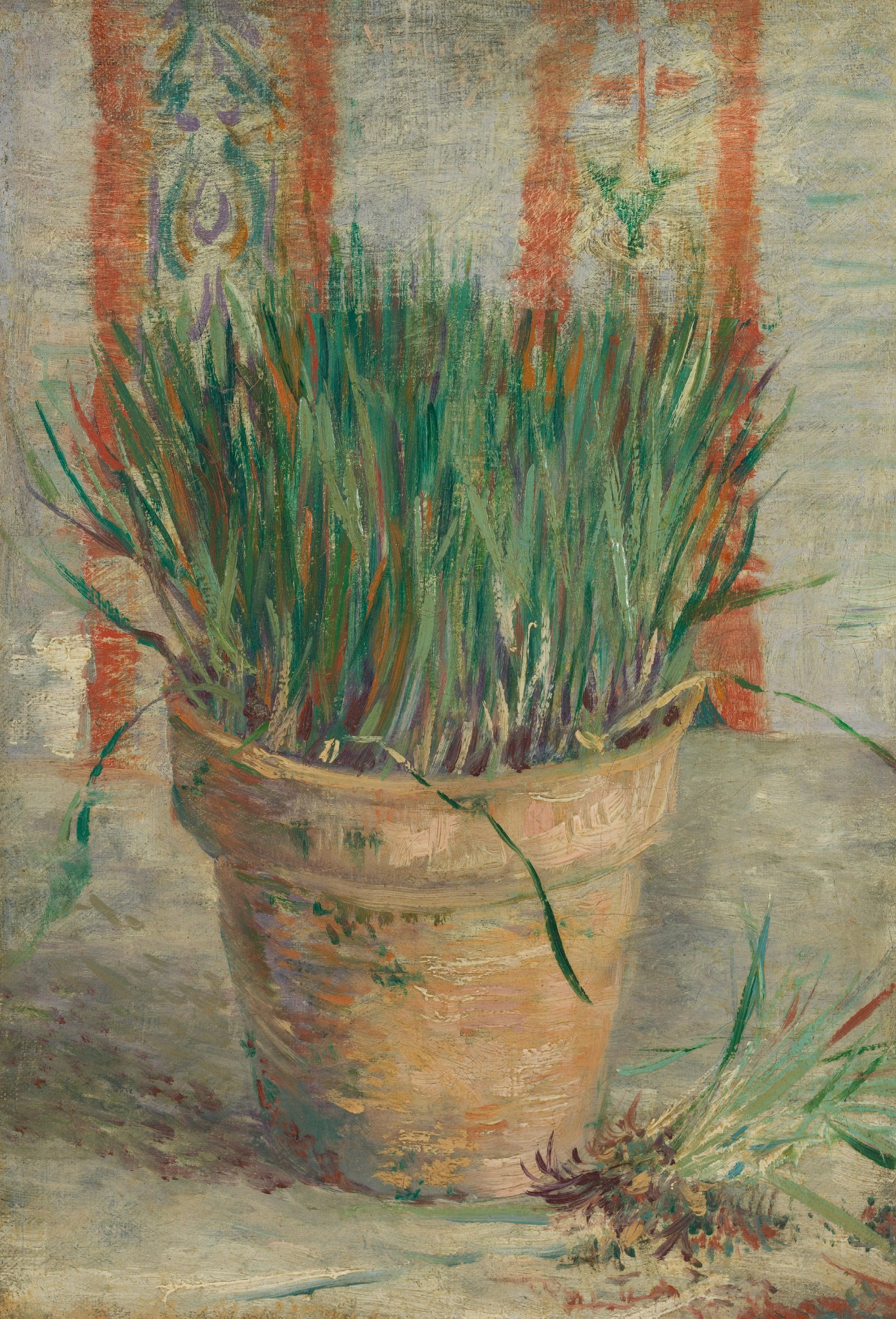 Pot de ciboulette à l’ail F337 — longues feuilles vertes dans un pot de terre cuite peint par Van Gogh
