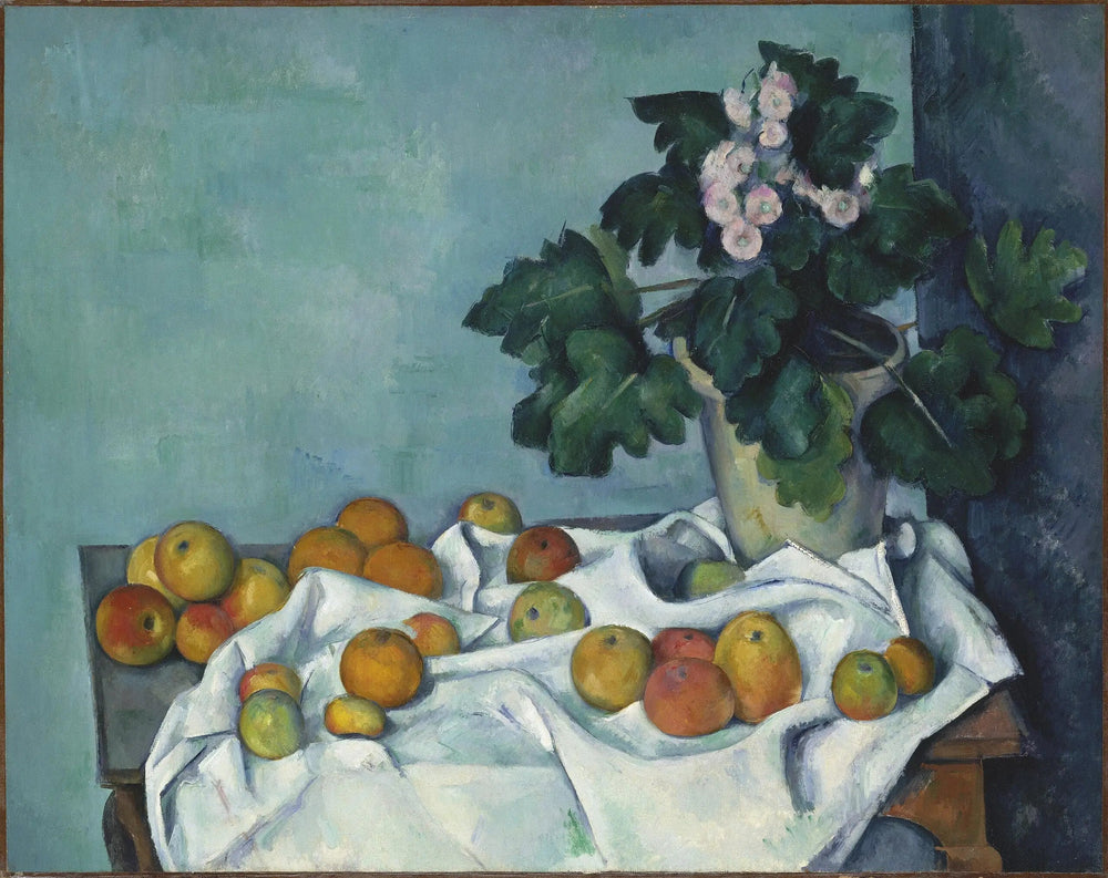 Pot de primevères et fruits sur une table - Paul Cézanne image 1 reproduction artisanale de tableau