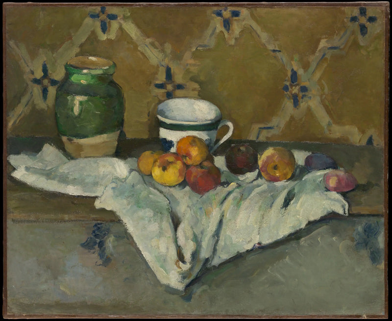 Cerâmica, xícara e frutas sobre uma toalha branca - Paul Cézanne