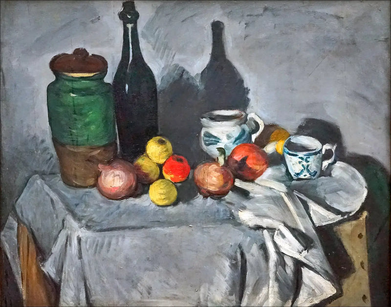 Potes, garrafa, xícara e frutas - Paul Cézanne