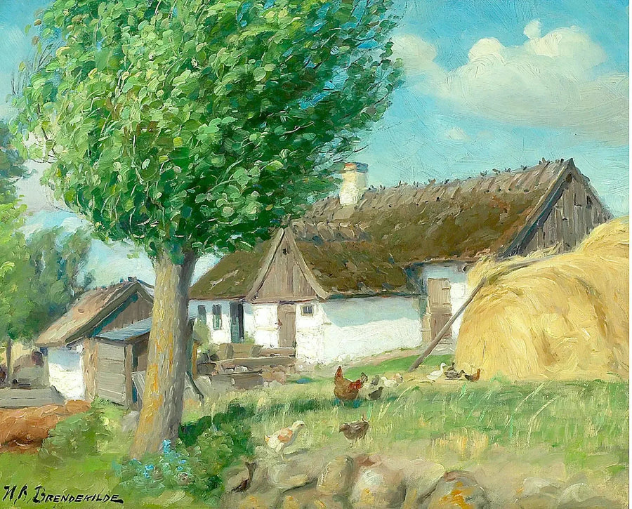 Galinhas na frente de uma fazenda com telhado de palha. - H. A. Brendekilde