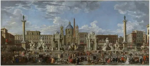 Preparativos para celebrar o nascimento do Delfim da França na Piazza Navona - Giovanni Paolo Panini