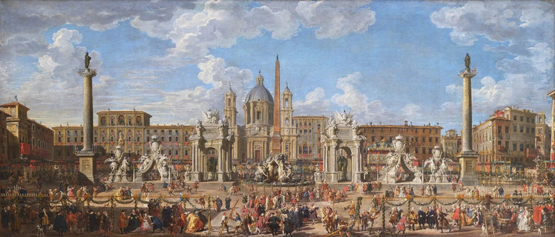 Preparação do espetáculo pirotécnico e da decoração da festa realizada na Piazza Navona, em Roma, em 30 de novembro de 1729, por ocasião do nascimento do Delfim - Giovanni Paolo Panini
