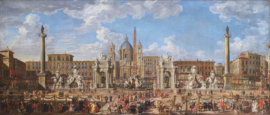 Preparação do espetáculo pirotécnico e da decoração da festa realizada na Piazza Navona, em Roma, em 30 de novembro de 1729, por ocasião do nascimento do Delfim - Giovanni Paolo Panini