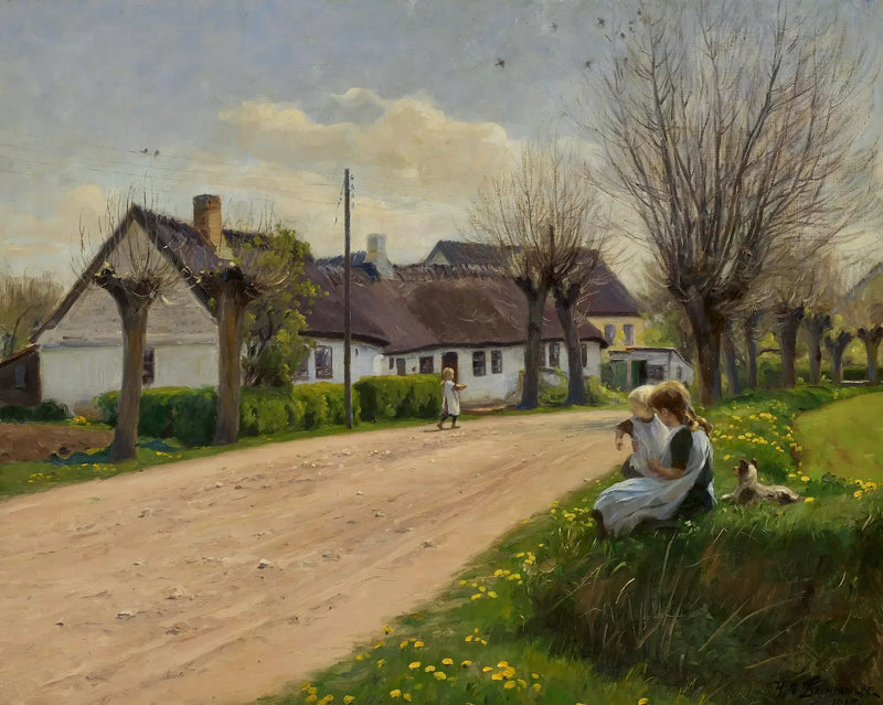 Primavera em uma aldeia com meninas à beira da estrada. - H. A. Brendekilde