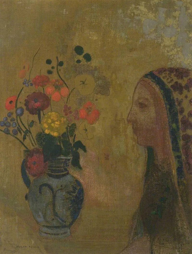 Perfil de mulher com vaso de flores - Odilon Redon