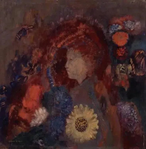 Perfil de jovem garota entre as flores - Odilon Redon