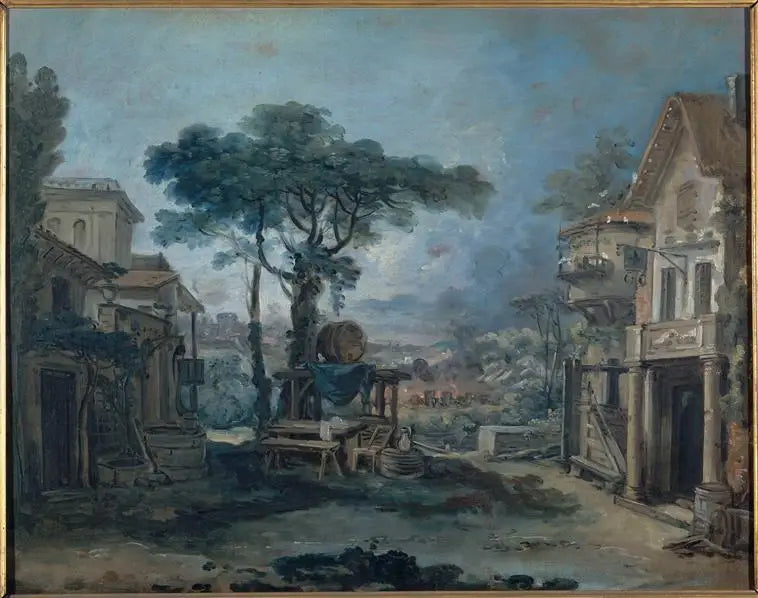 Projeto para uma decoração de teatro: a praça de uma aldeia - François Boucher