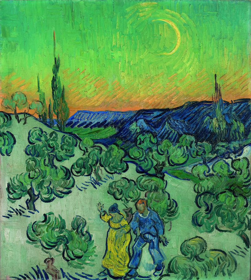 Paisagem com um casal caminhando e uma lua crescente - Vincent van Gogh
