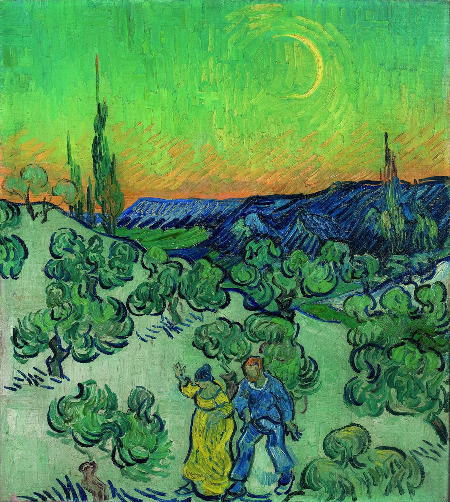 Paisagem com um casal caminhando e uma lua crescente - Vincent van Gogh