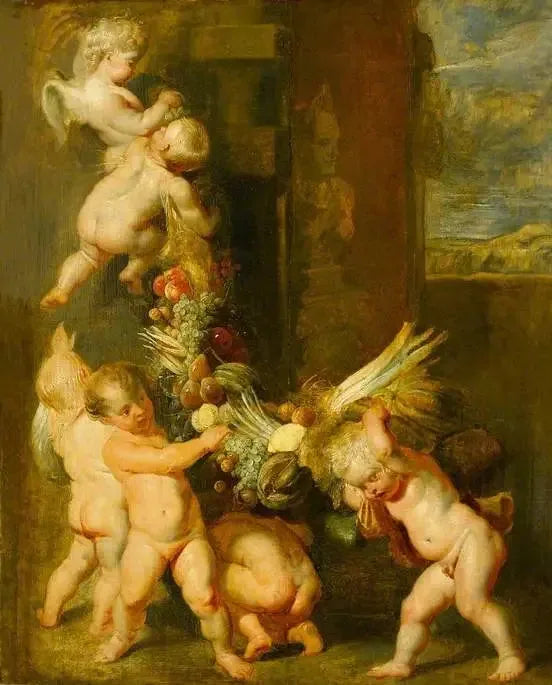 Putti carregando uma guirlanda de frutas - Peter Paul Rubens