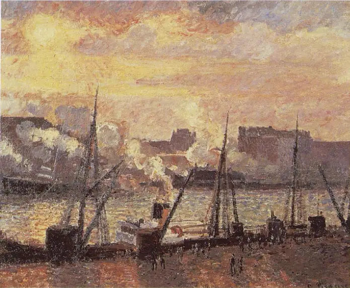 Cais da Bolsa em Rouen, pôr do sol - Camille Pissarro