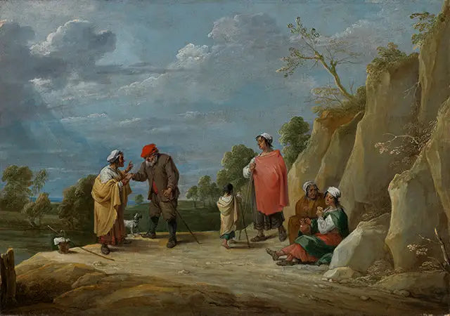 Quatro ciganos com uma criança, um deles prevendo a boa sorte para um camponês - David Teniers, o Jovem