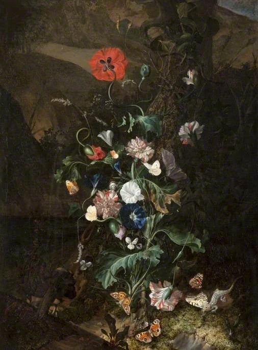 Arrangement floral près d’un tronc — GL GM 45, peinture de Rachel Ruysch