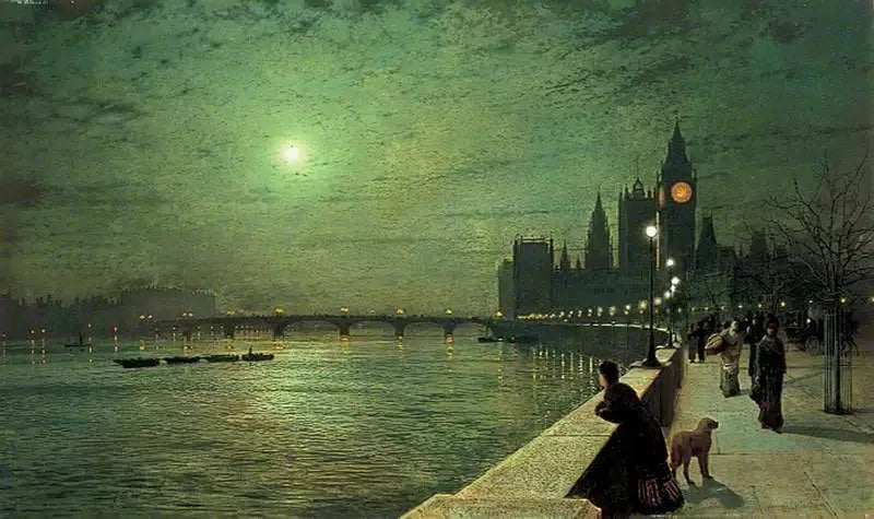 Reflexões sobre o Tamisa, Westminster, Londres - John Atkinson Grimshaw