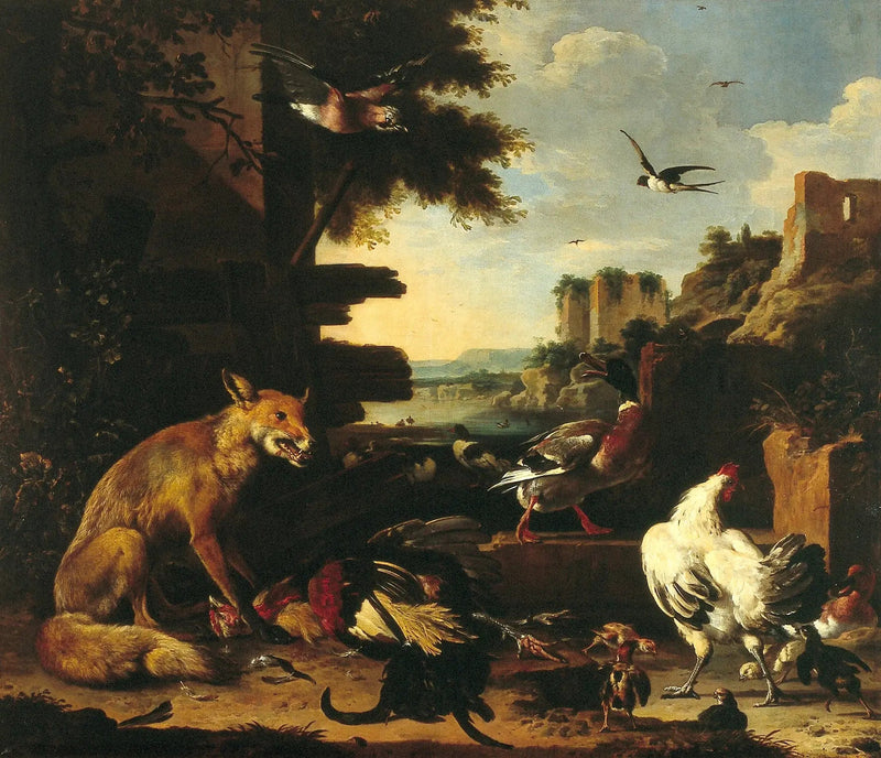 Raposa com galo e aves mortas em uma paisagem de parque - Melchior de Hondecoeter