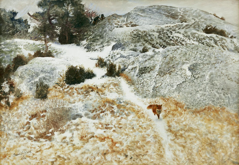 Renard et chiens de chasse dans un paysage hivernal - Bruno Liljefors
