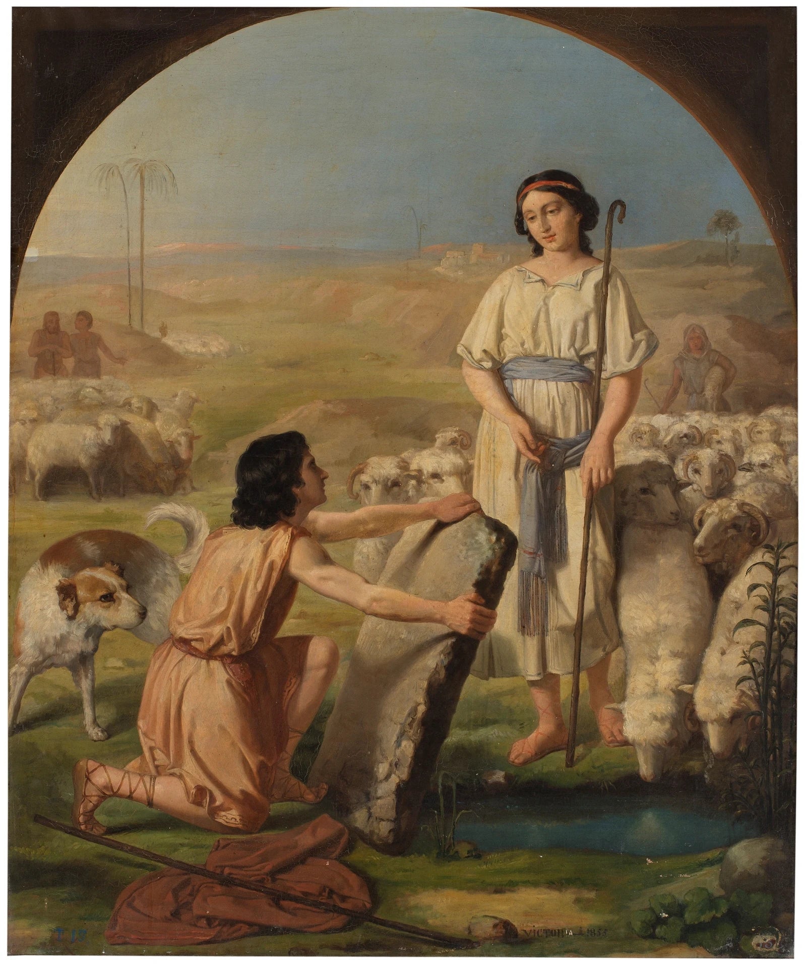 Rencontre de Jacob avec sa cousine Rachel qui conduisait le troupeau de son père dans une attitude de découverte du puits pour abreuver le bétail. - Víctor Esteban y Lozano