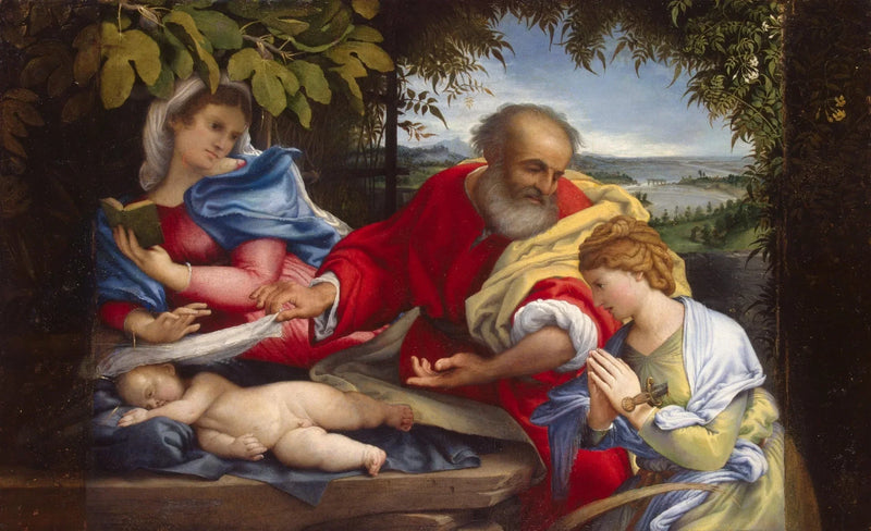 Repouso durante a fuga para o Egito com Santa Justina - Lorenzo Lotto