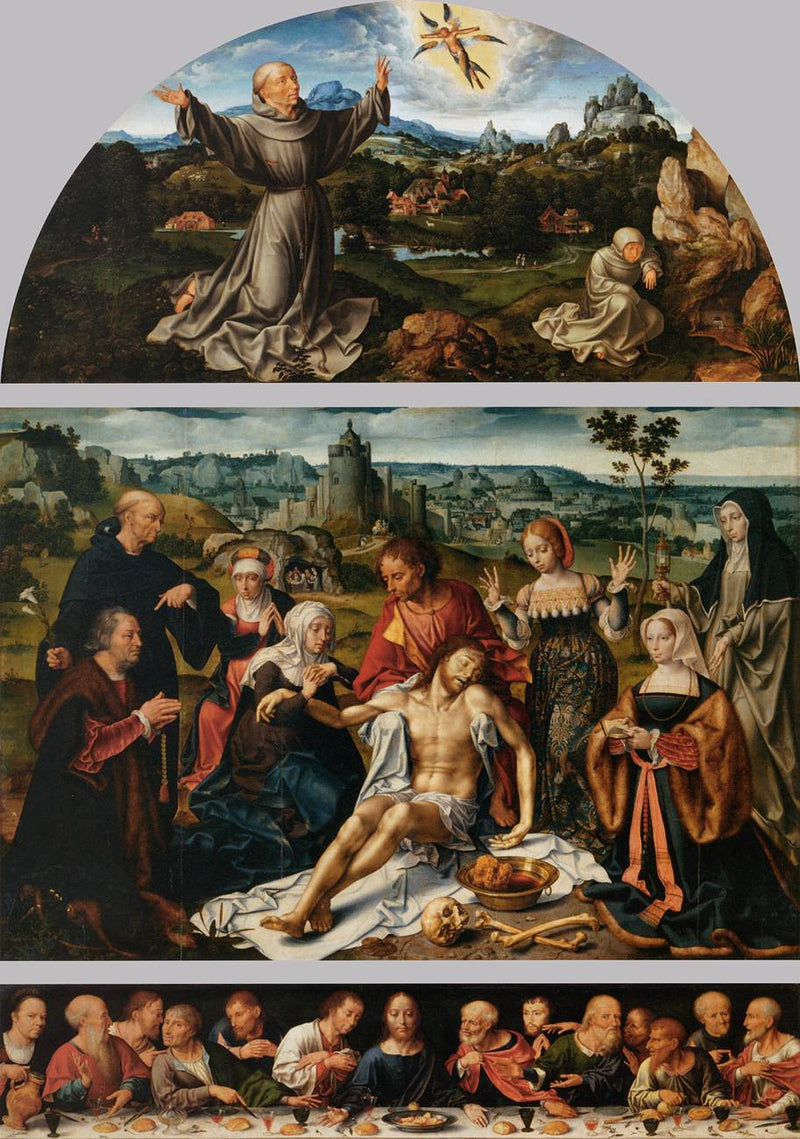Retábulo da Lamentação de Cristo: a lamentação de Cristo (painel central); A Estigmatização de São Francisco (janela); A Última Ceia (predela) - Joos van Cleve